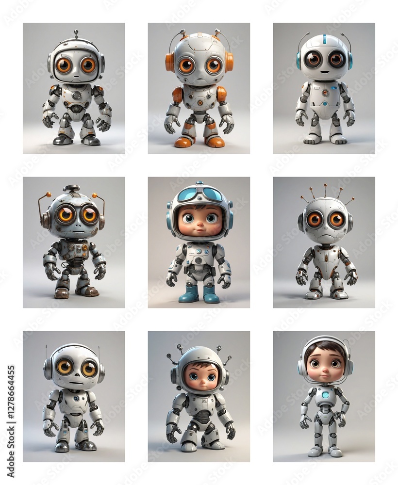 Poster nine cute cartoon robots with big eyes and antennae stand in a grid. some wear helmets or goggles. t