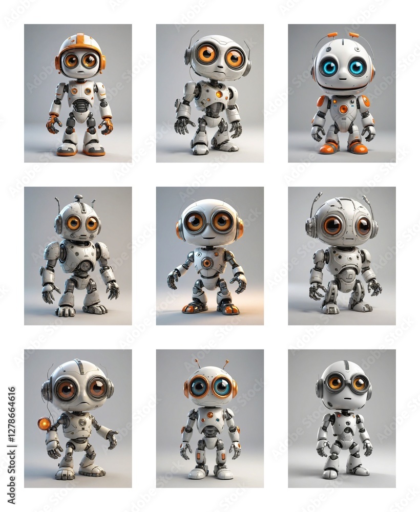 Poster Nine cartoonish robots with big eyes and white bodies are showcased in a grid. Each robot has unique details and poses against a plain background.