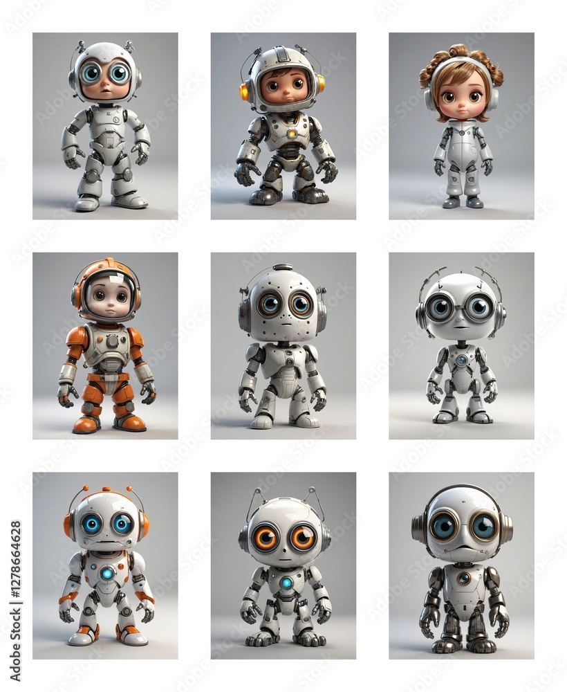 Poster Nine cute cartoon robots with big eyes are displayed in a grid. They showcase various designs and colors against a plain backdrop.