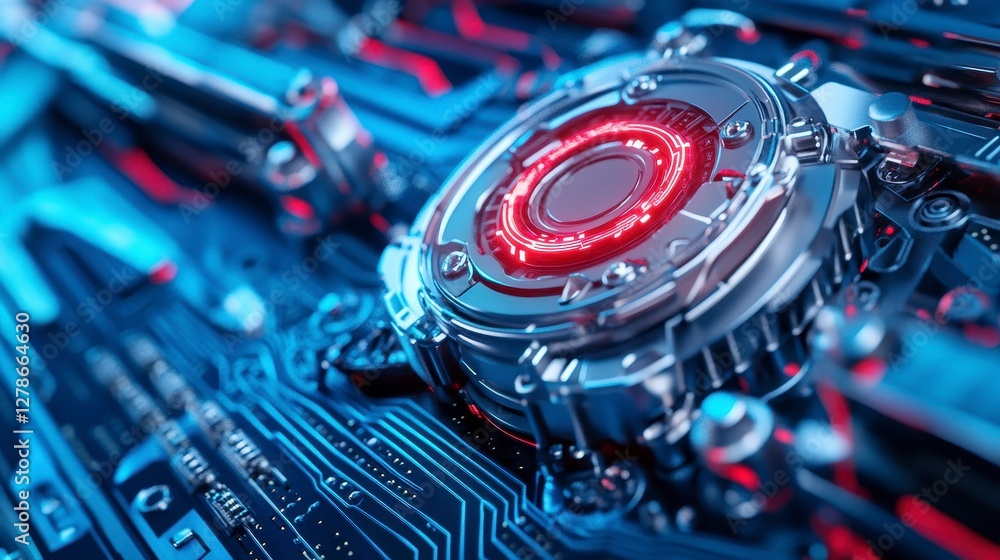 Poster futuristic metallic device with glowing red core on circuit board