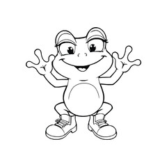 Funny cartoon frog line drawing black and white frog illustration 
