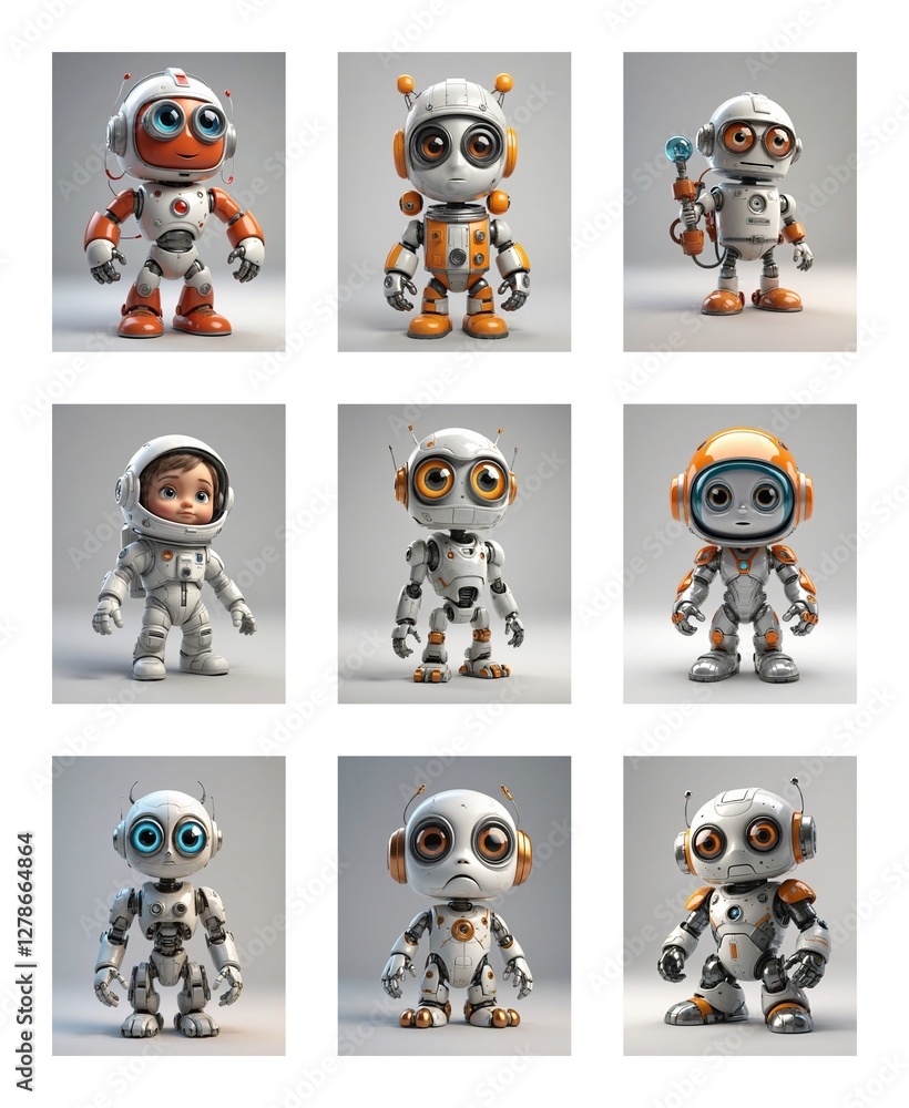 Poster Nine cartoonish robots with big eyes are displayed in a grid. They are colorful and cute, posed in a studio shot.