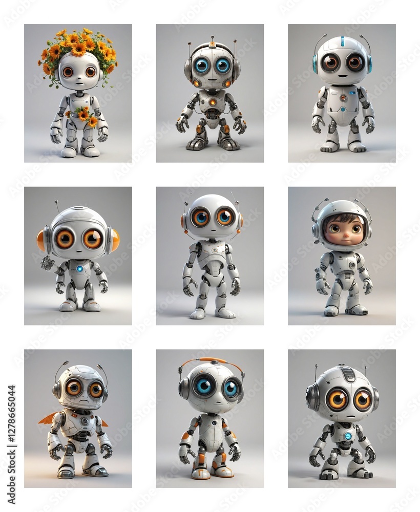 Poster Nine adorable robots are displayed on a white background. Each has large eyes and unique features, showcasing a playful, futuristic toy concept.