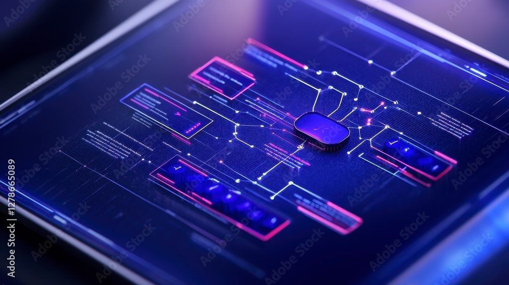 Poster futuristic microchip display on digital tablet screen with neon interface
