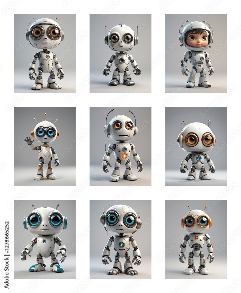 Poster Nine small white robots with big eyes are displayed. One robot is waving and another is wearing a helmet. They are in a cartoonish, digital style.