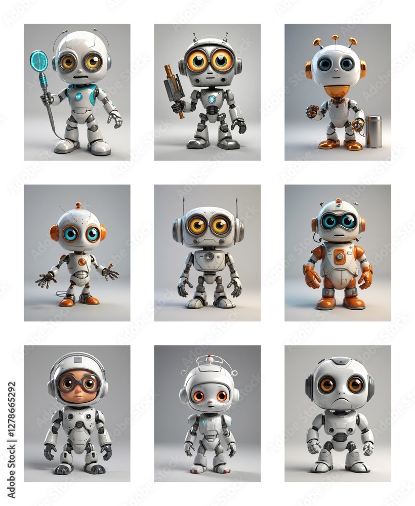 Aufkleber Nine adorable cartoon robots with diverse designs are displayed in a grid. Each robot has unique features and poses, showcasing a playful and futuristic vibe against a neutral background.