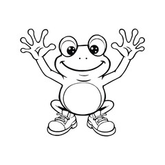 Funny cartoon frog line drawing black and white frog illustration 