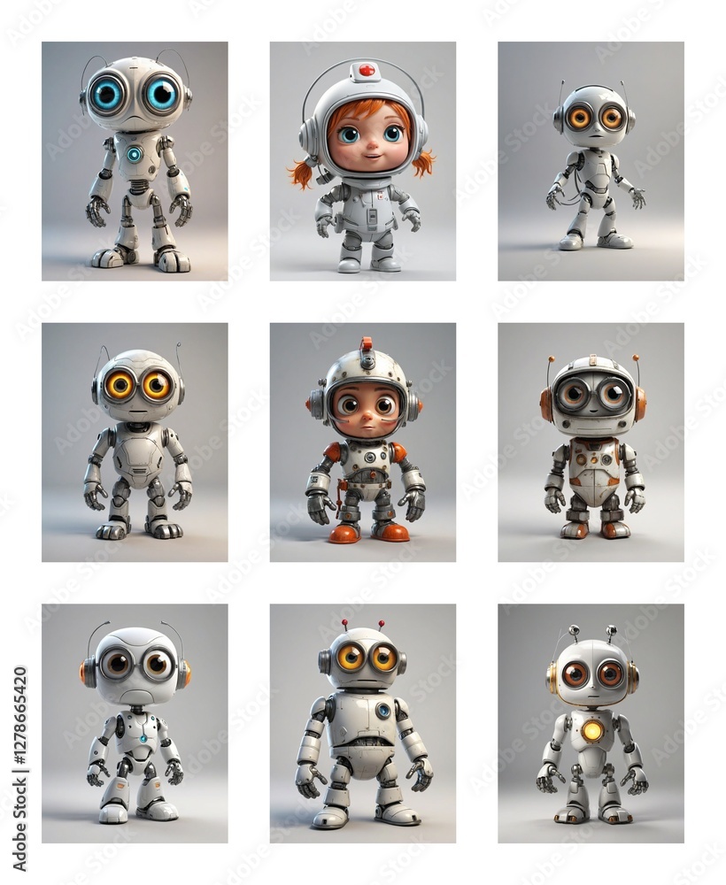 Aufkleber Grid of nine cute robots and one child astronaut on a white background. White and grey robots with big eyes, and a girl astronaut with red hair.