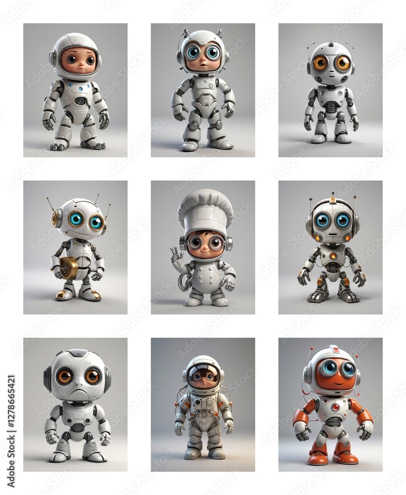 Aufkleber Nine charming cartoon robots with diverse designs and postures are presented against a plain grey background. Some robots are adorned with hats and helmets.