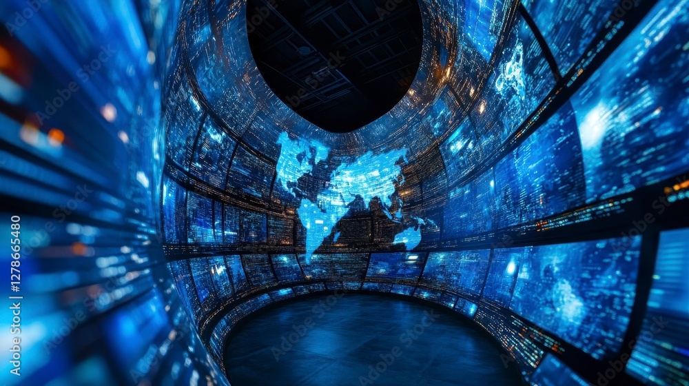 Poster global data network visualization futuristic blue screens displaying world map and data streams