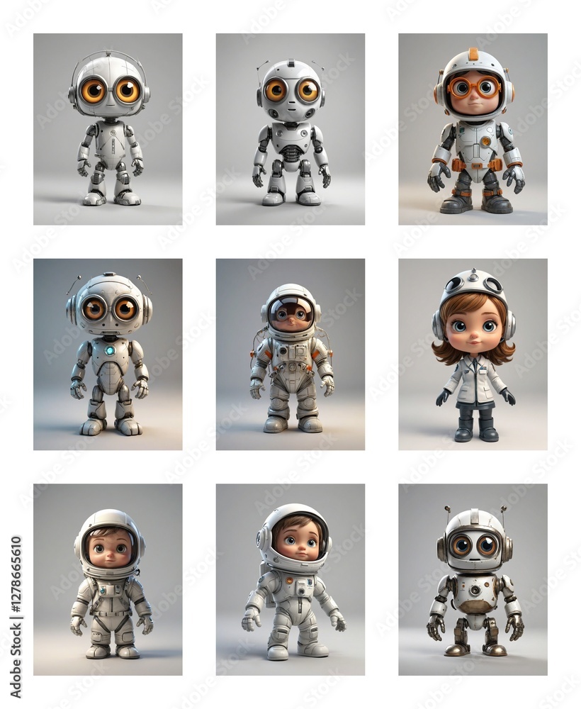 Poster cute collection of robot and astronaut figures in a cartoonish, toy style on a plain background. div