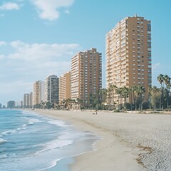 Coastal buildings, beach, sunny day, vacation