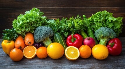 Close-up of vibrant fresh vegetables and fruits on wooden table, symbolizing healthy blood pressure foods, emphasizing natural nutrition and wellness.
