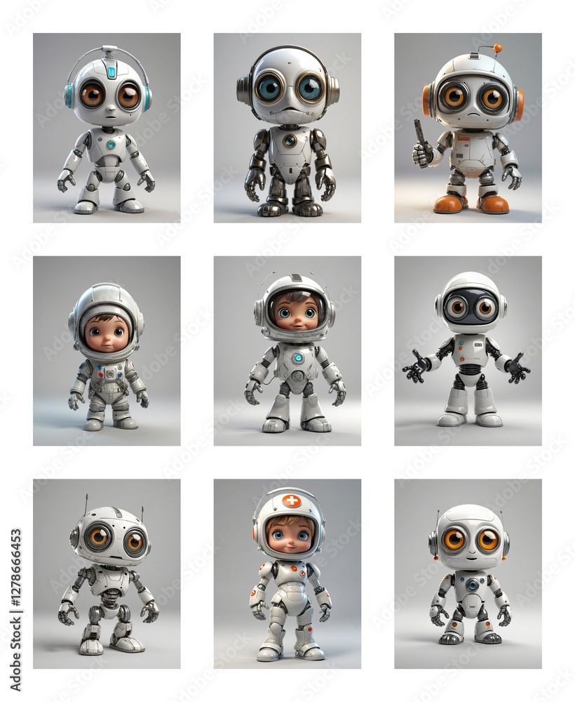 Poster Nine cartoon robots with diverse designs are showcased in a grid. Each white and grey robot has unique features, including different heads and accessories.