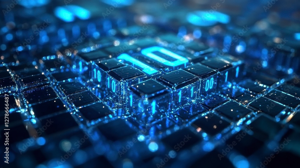 Poster glowing blue number 10 on digital cubes abstract 3d render