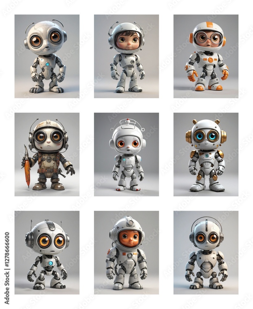 Poster nine cartoon robots with big eyes are showcased. each wears a white suit and has a different helmet 
