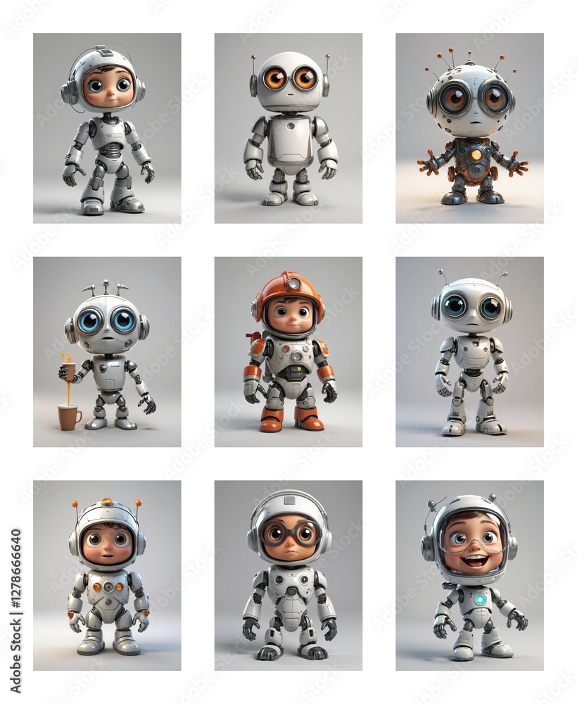 Aufkleber Nine cartoon robots with big eyes are arranged in a grid. Each robot has unique design, pose and some hold props like paintbrush or bucket.