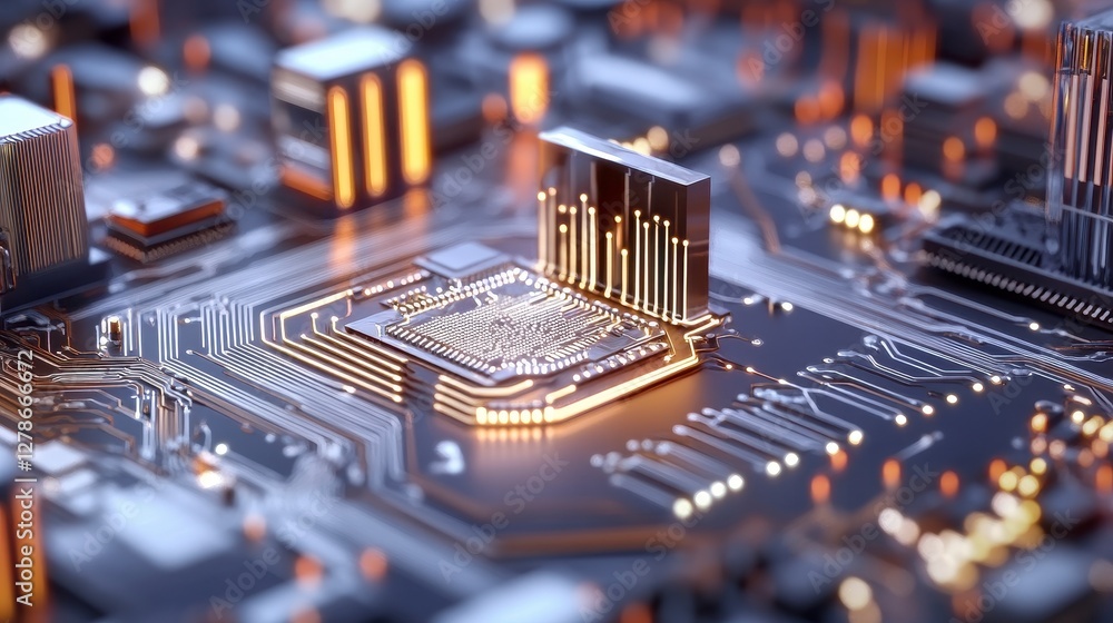 Poster glowing central processor on detailed circuit board