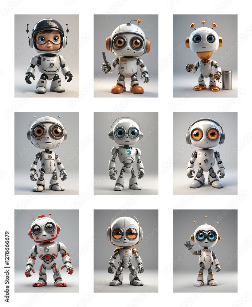 Aufkleber Nine cute cartoon robots with big eyes are displayed in a 3x3 grid. Each robot has a unique design and pose, set against a plain, light grey background.