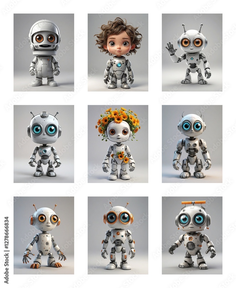 Poster Nine cute cartoon robots with big eyes are displayed in a grid format against a plain background.  Some robots have antenna, and one has flowers on its head.