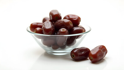 Obraz premium Premium Fresh Red Dates in Glass Bowl – High-Quality Stock Photo for Healthy & Organic Food Concepts.