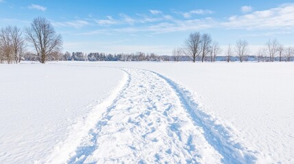 Obraz premium Winter snow path, trees, blue sky, sunny day, peaceful landscape