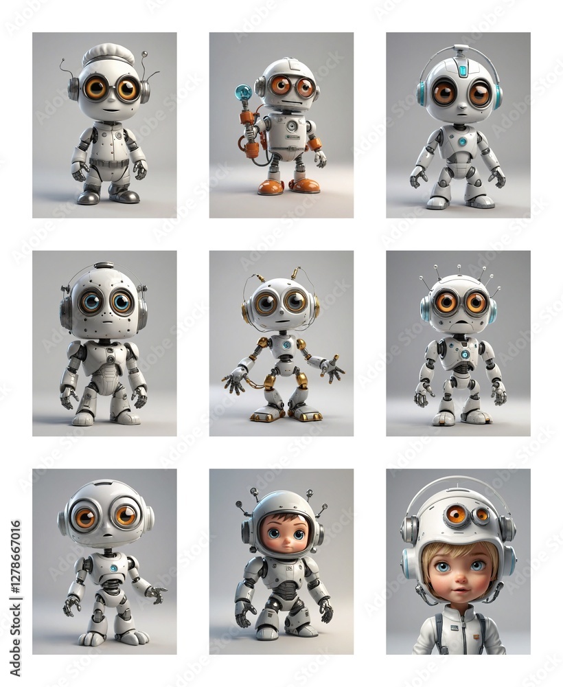 Poster nine adorable cartoon robots with large eyes are featured against a clean white backdrop. some are e