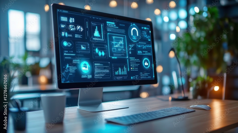 Poster a modern workspace featuring a computer displaying data analytics on a vibrant screen, illuminated b