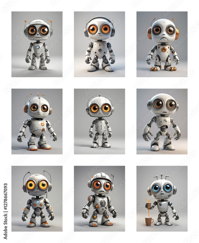 Poster Nine cute and small white robots with big eyes are displayed in a grid against a plain background. Each robot has a unique pose and expression.