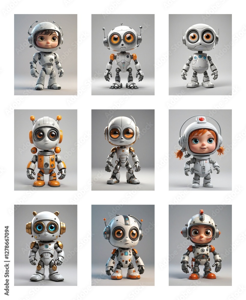 Poster Nine cartoon robots, some with child-like features, are displayed against a plain background. They are colorful and playful in appearance.