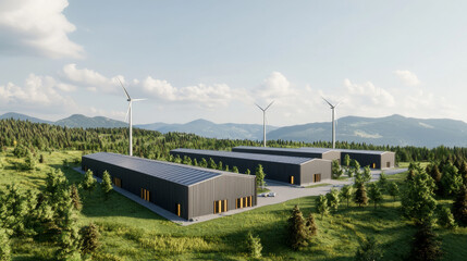Obraz premium Sustainable industrial complex with wind turbines in green landscape