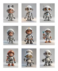 Fototapeta premium Nine cartoonish robots with diverse looks and poses, standing against a neutral background, showcasing various designs and styles.