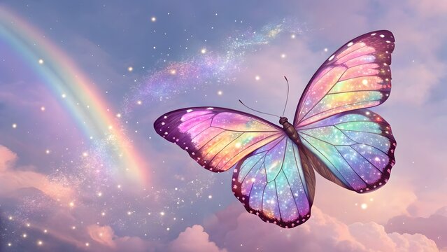 Rainbow holographic butterfly with soft glow drea