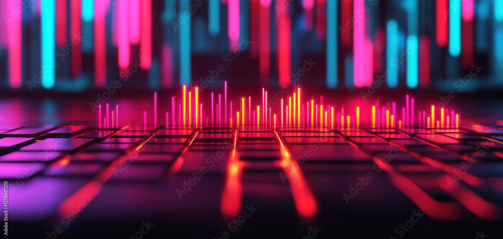 Aufkleber abstract glowing sound wave visualization on keyboard background, vibrant colors create dynamic atmo