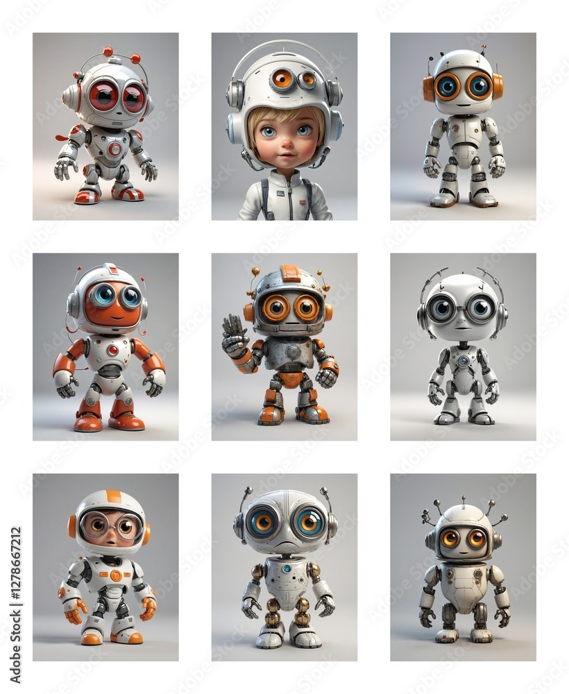 Aufkleber Nine charming cartoon robots displayed with a child in a robot suit and helmet against a white backdrop.