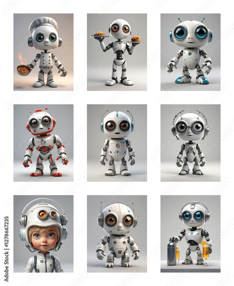 Poster Nine adorable robots with large eyes are presented in various poses against a plain backdrop. Some are equipped with different accessories.