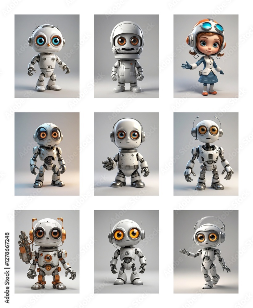 Poster Nine cartoonish robots with diverse designs and poses are displayed against a neutral background. Some robots are metallic, while one is styled as a girl with goggles.