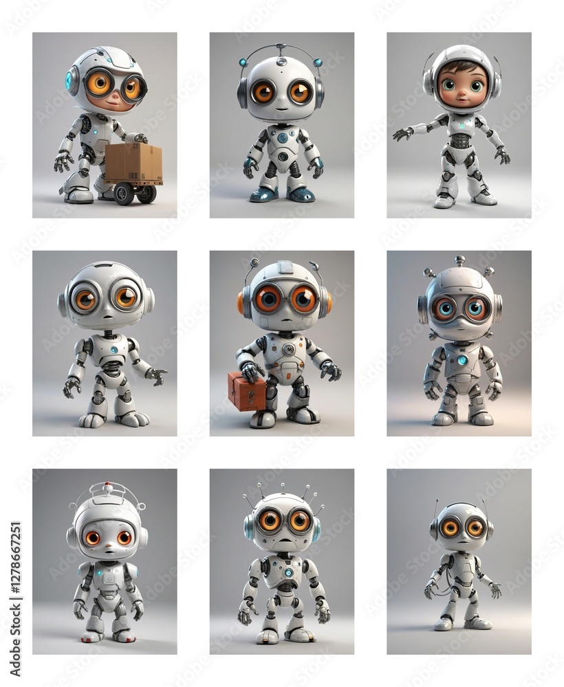 Poster Cute cartoon robots with big eyes are displayed against a white backdrop.  These digital characters are in various poses, some holding objects.