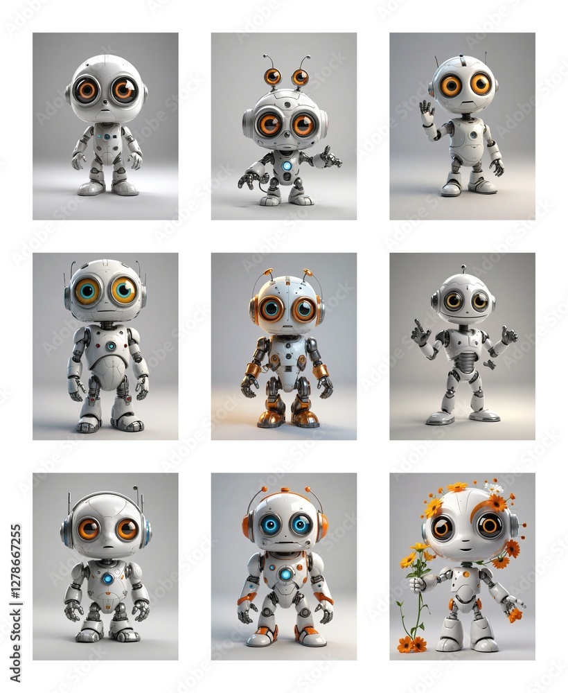 Poster Nine cute robots with big eyes and different antenna and flower variations are displayed in a grid, showcasing a playful and futuristic design.