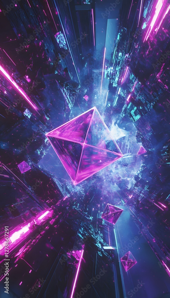 Poster neon pyramids float through a futuristic cyberspace tunnel background