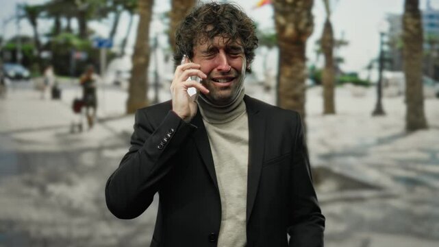 Young man in city street talking on phone appearing upset wearing black suit surrounded by palm trees and blurry urban background in daylight