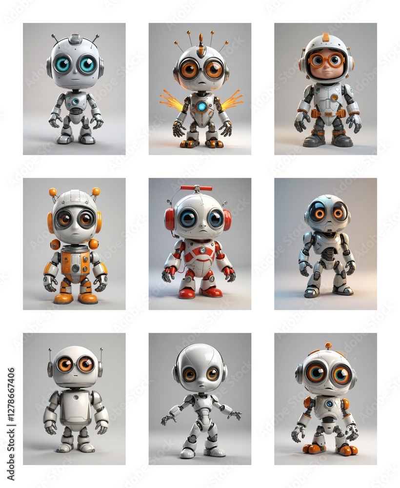 Poster Nine adorable robots with big eyes are displayed in a grid. Each robot has a distinct design and color, standing on a clean backdrop.