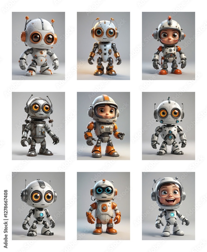 Poster Image of nine variations of cute cartoon robots in a grid. Each robot shares a similar toy-like design and futuristic style against a white background.