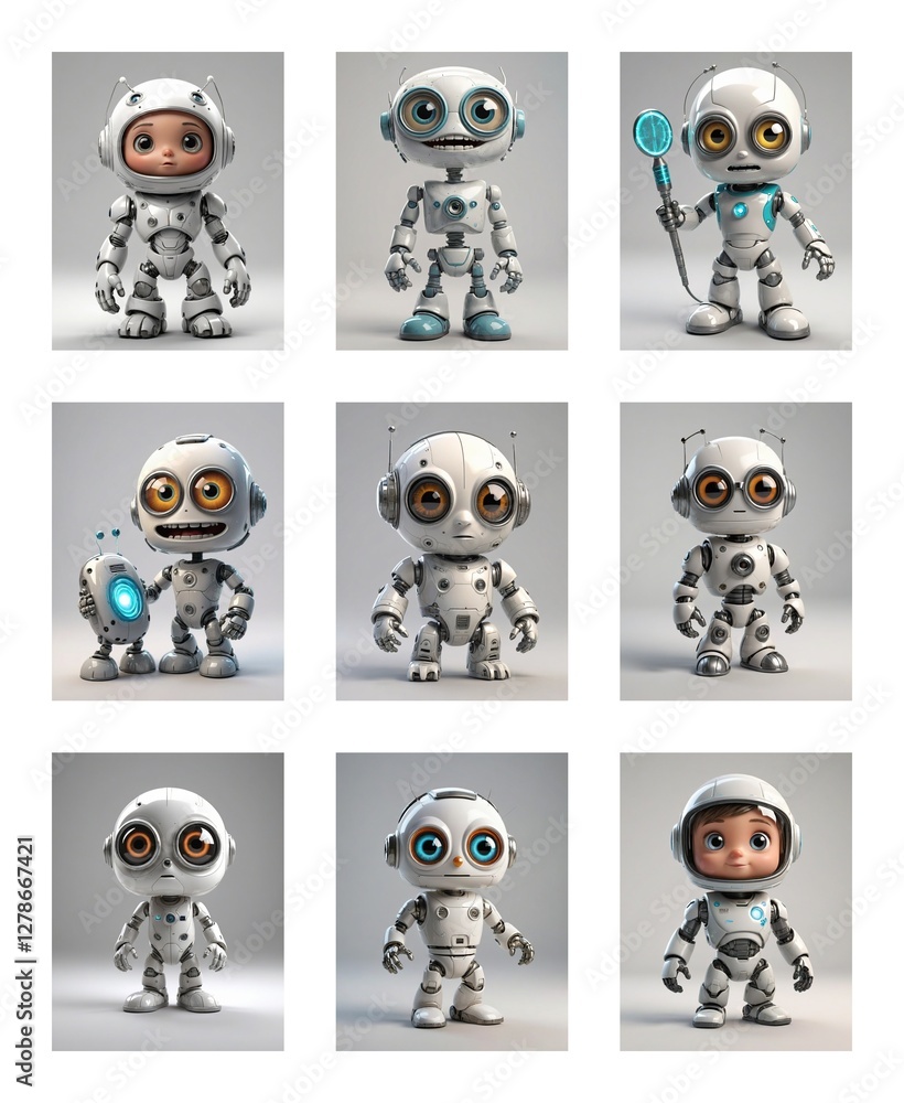 Poster Nine images of a cute white robot with large eyes are arranged in a grid. The robot is depicted in various poses, some with small props, against a plain grey background.