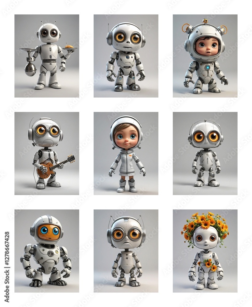 Poster Nine whimsical cartoon robots in a grid. Each robot has a unique pose and accessory like flowers, instruments, helmets. White background.