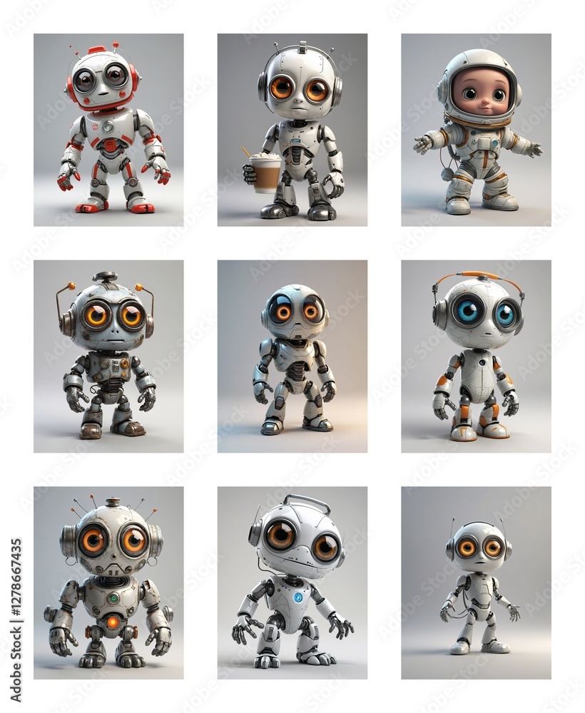 Poster nine cute robot figures with big eyes are displayed against a plain white background. they are in va