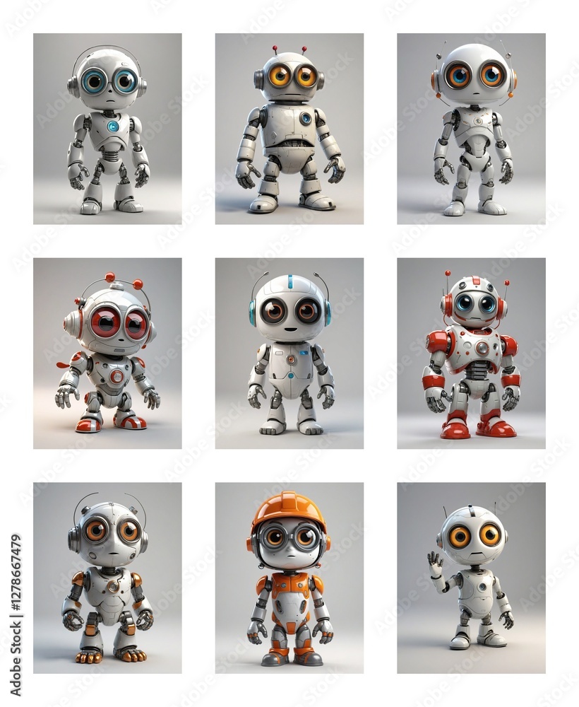 Poster Nine cute toy robots with big eyes are standing in various poses on a white background. Some robots have antennas and orange helmets.