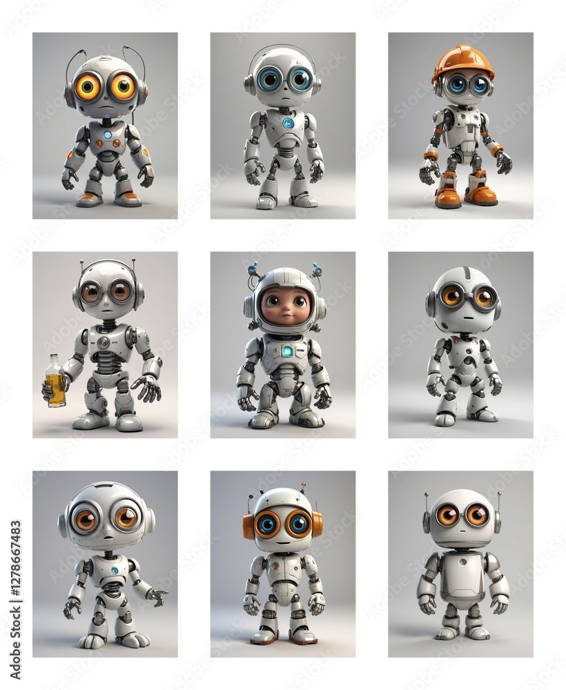 Poster nine cartoon robots with large eyes, metallic bodies, and varied accessories pose against a white ba