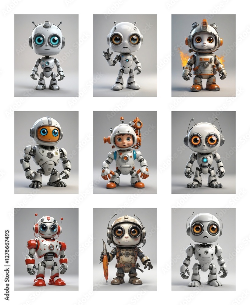 Fototapete Nine cartoonish robots with diverse designs and poses are displayed on a white background. Each robot has unique features and colors, creating a playful and imaginative collection.