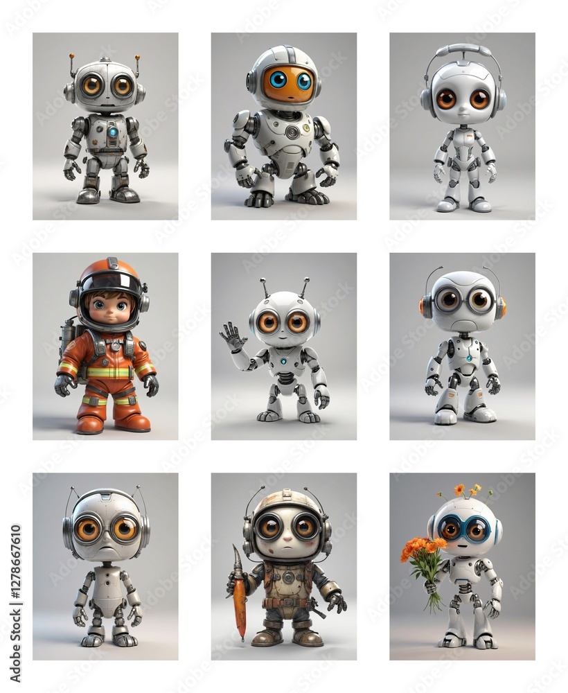Poster Nine cartoonish robots are displayed in a grid. Each robot features a unique design, with varying accessories and colors, all set against a simple backdrop.